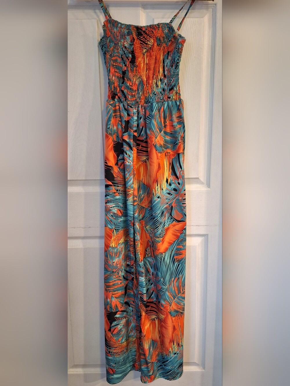 SHEIN Tropical Smocked Wide Leg Jumpsuit Blue Orange Palm Print Size Medium